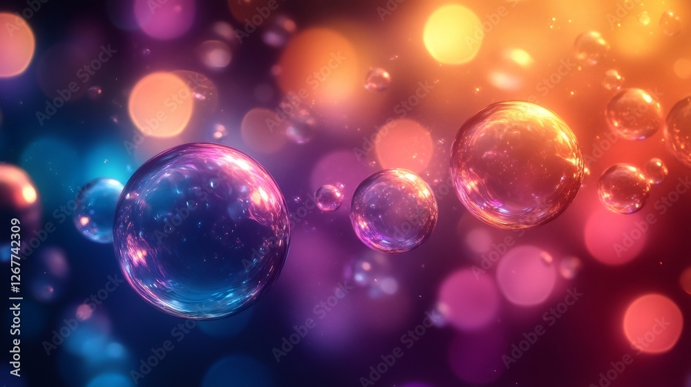 Poster Luminous spheres floating on a vibrant bokeh background