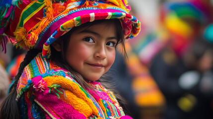 Fototapeta premium A photo of a child dressed in a colorful Andean outfit, watching in awe as the grand parade passes by, her face reflecting excitement during the Oruro Carnival on a festival street at noon