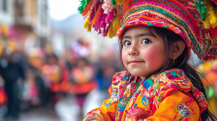 Fototapeta premium A photo of a child dressed in a colorful Andean outfit, watching in awe as the grand parade passes by, her face reflecting excitement during the Oruro Carnival on a festival street at noon