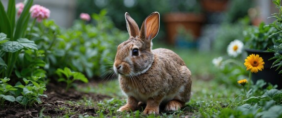 Obraz premium Brown rabbit sitting in a garden surrounded by green plants and colorful flowers with a blurred background and ample Copy Space