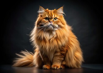 Fototapeta premium Panoramic view of a majestic red Persian cat against a dark background.