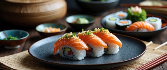 Sushi platter with salmon nigiri and California rolls on a wooden table with side dishes and a dark backdrop Copy Space