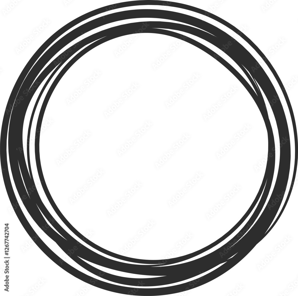 Poster abstract circular shape made of several concentric irregular black lines creating a spiral effect, s
