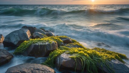 Sunset over rocky shore with waves and green seaweed on stones, beautiful coastal landscape with dynamic water motion, Copy Space