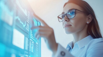 Professional Businesswoman Utilizing Modern Digital Technology for Innovative Data Analytics and Visualization in Corporate Office