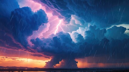 Dramatic storm clouds with lightning and heavy rainfall during sunset with rich colors and textures in the sky Copy Space