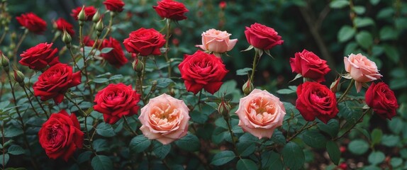 Red and pink roses in full bloom in a garden setting with greenery background and Copy Space for text placement