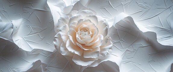 White rose on textured white background with crumpled paper elements and soft lighting for elegant design Copy Space