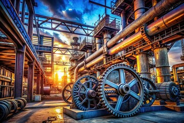 Obraz premium Mechanical tools, pipes, and cogs in an AI-rendered industrial metal world.