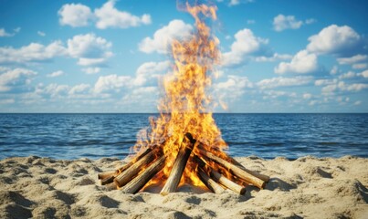 Naklejka premium A vibrant bonfire on a sandy beach with ocean waves and a clear blue sky in the background