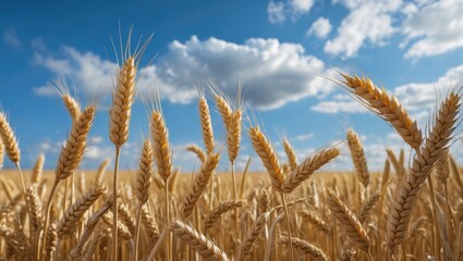 Fototapeta premium Golden wheat field under a blue sky with white clouds in the background agriculture nature landscape Copy Space