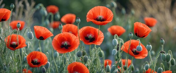 Obraz premium Field of vibrant red poppy flowers in full bloom with green seed pods and blurred background foliage Copy Space