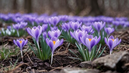 Purple crocus flowers blooming in early spring with green foliage and rocks in a garden setting Copy Space