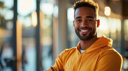 Fototapeta premium A smiling man in a vibrant workout outfit stands confidently in a brightly lit gym, surrounded by modern fitness equipment
