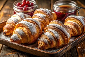 Fototapeta premium Freshly baked croissants and jam, a delightful breakfast.