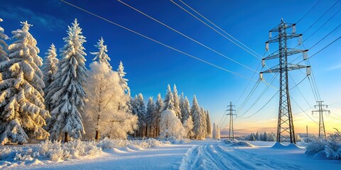 Obraz premium Frozen Finnish landscape, exposed power lines.