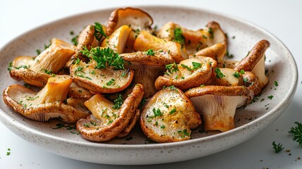 Fototapeta premium Vibrant oyster mushrooms with parsley on a minimalist white plate