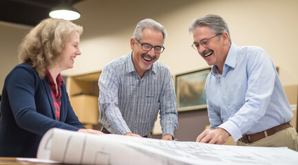 diverse group of people collaborating over blueprints in an office setting, smiling and engaged. One individual with gray hair and glasses stands out, while others are casually dressed