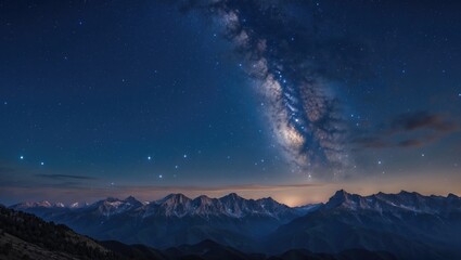 Fototapeta premium Milky Way Galaxy over Snow-Capped Mountain Range at Night with Stars and Copy Space