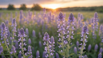 Obraz premium Lavender flowers in a vibrant field during sunset with soft lighting and blurred background Copy Space