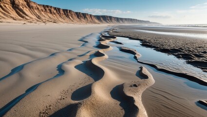 Coastal landscape with sand patterns and tidal pools on a beach during golden hour with cliffs in the background and Copy Space