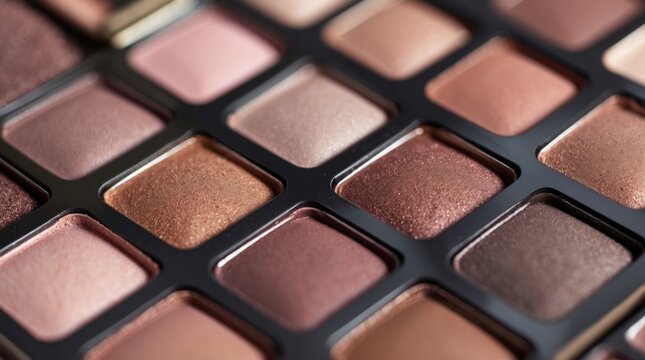 Close-up of various shades of eyeshadow in a makeup palette with a range of neutral to warm tones and metallic finishes Copy Space - Powered by Adobe