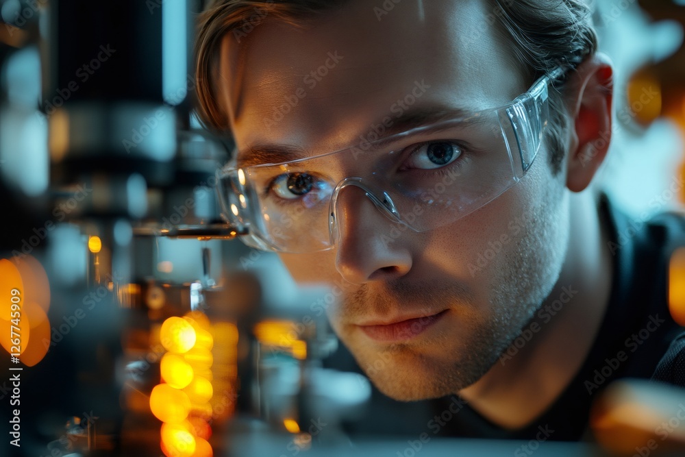 Poster scientist working with microscope, conducting research in modern laboratory