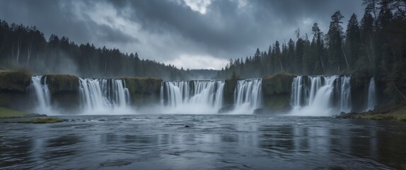 Panoramic view of a majestic waterfall surrounded by dense forest and dark stormy clouds with reflective water in the foreground Copy Space