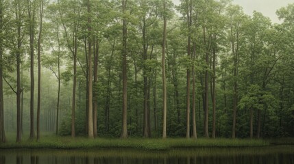 Fototapeta premium Misty morning forest lake reflection, nature tranquility scene