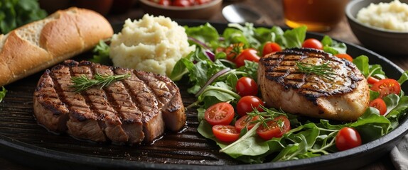 Grilled steak and chicken breasts served with fresh salad, mashed potatoes, and bread on a wooden table with copy space