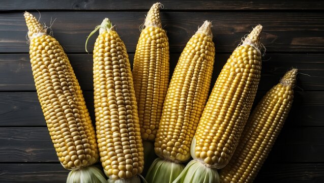 Seven fresh yellow corn cobs arranged on dark wooden background with visible husks and kernels Copy Space
