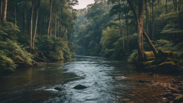 Tranquil river flowing through dense green forest with tall trees and rocky riverbed in soft natural light Copy Space - Powered by Adobe