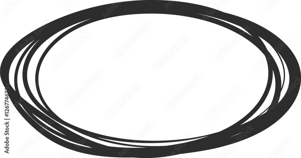 Poster multiple overlapping black lines form an oval shape, creating a hand drawn frame with a prominent em