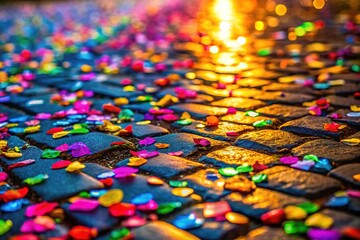 Close-up confetti explosion, dancing on aged cobblestones.