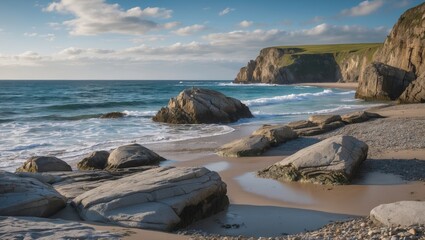Coastal landscape with rocks on sandy beach and gentle waves under blue sky with clouds and cliffs in the background Copy Space