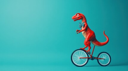 Fototapeta premium A Red Dinosaur on a Unicycle Against a Teal Background