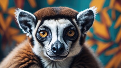 Fototapeta premium Close-up portrait of a lemur with striking orange eyes and detailed fur against a colorful blurred background with leaf patterns. Copy Space