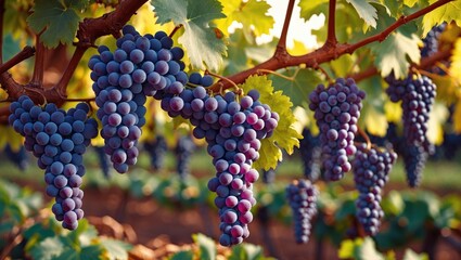 Ripe purple grapes hanging on vine with green leaves in vineyard during sunset light Copy Space