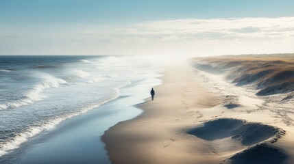 Obraz premium Solitude by the Sea: A lone figure strolls along a pristine beach