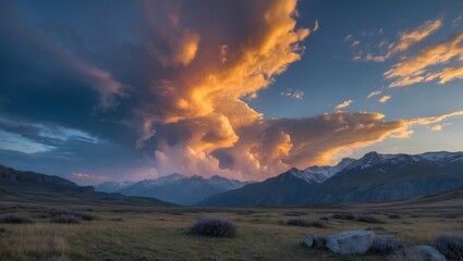 Majestic mountain landscape during sunset with dramatic cloud formations and open field in foreground, ideal for natural scenery backgrounds Copy Space
