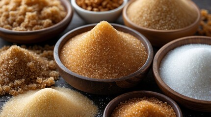 Variety of sugars in wooden bowls including brown, granulated, and powdered sugar arranged artistically on a wooden table with Copy Space