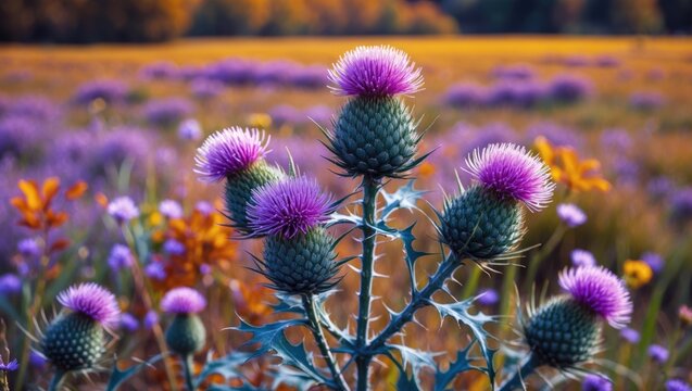 Thistle plant with purple flowers in a vibrant field filled with wildflowers during golden hour light Copy Space