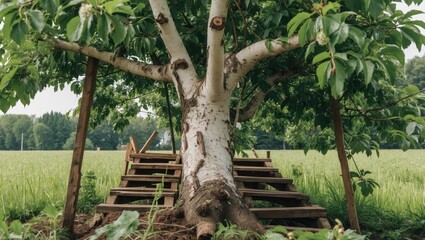 Fototapeta premium Large tree with a strong trunk and dense green foliage growing next to wooden steps in an open field with grassy landscape Copy Space