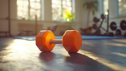 Orange dumbbell gym floor sunlight workout fitness