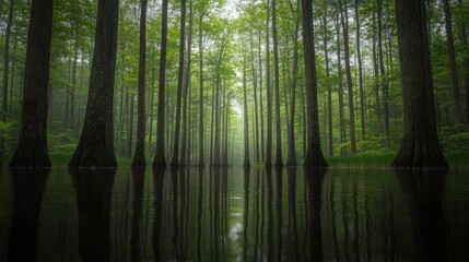 Obraz premium Misty swamp forest path reflection, serene nature scene, tranquil background, ideal for travel brochures