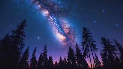 Fototapeta premium Night sky with galaxy view over silhouette of pine trees in foreground during twilight hours Copy Space