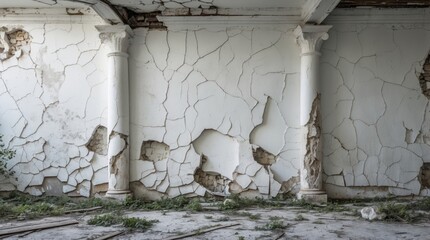 Obraz premium Abandoned interior with cracked white walls and columns overgrown with grass showing signs of decay and neglect Copy Space