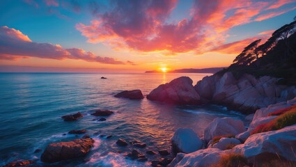Vibrant sunset over rocky shoreline with calm ocean waves and colorful sky reflecting warm hues of orange and pink at dusk Copy Space