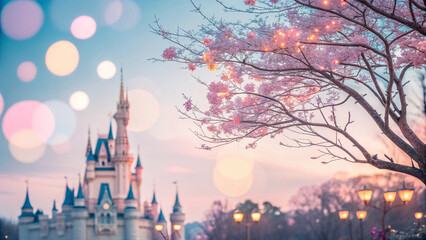 Fototapeta premium dreamy castle surrounded by cherry blossoms and soft lights