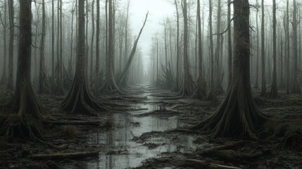 Fototapeta premium Misty swamp path, cypress trees, murky water, eerie atmosphere; nature background